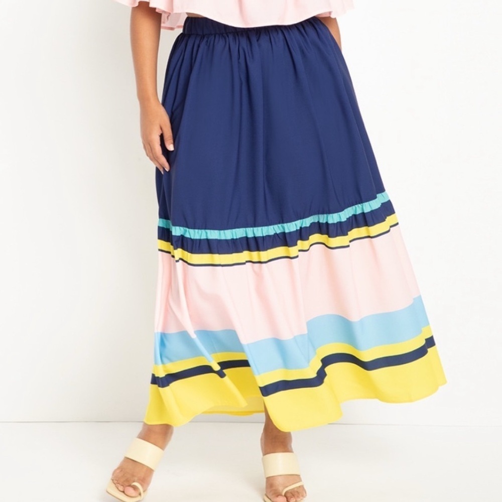 ELOQUII Women's 14/16 Colorblock Bright Colorful Stripe Maxi Skirt